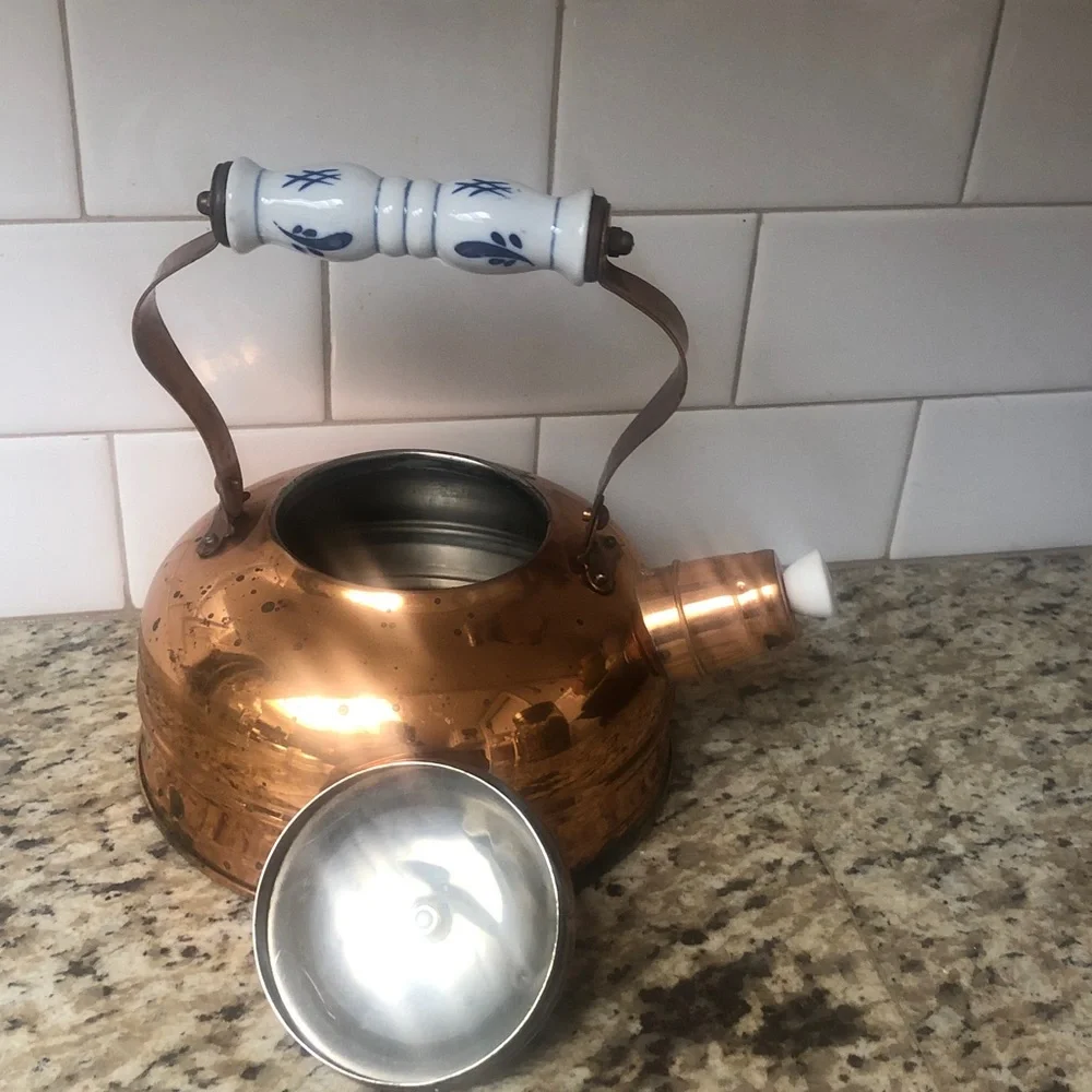 Vintage Copper Whistling Tea Kettle with Ceramic Handle and Knob - Copper